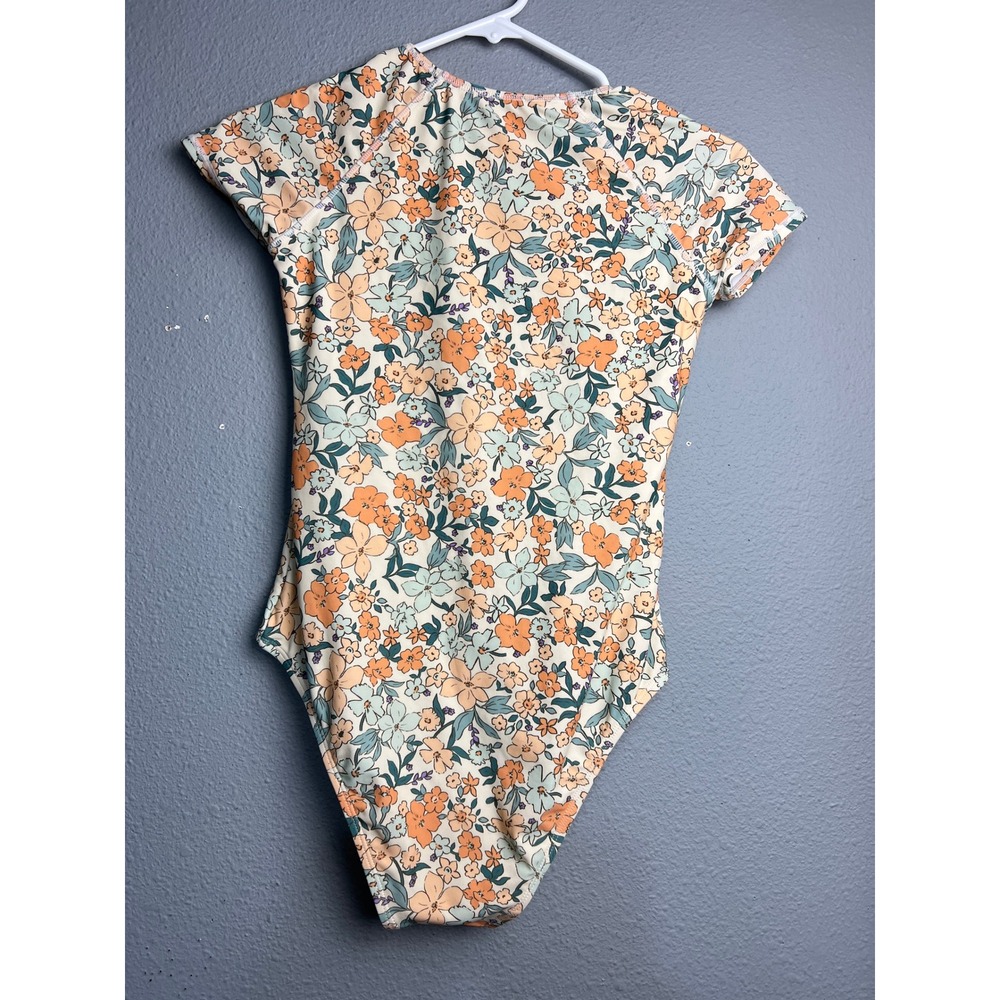 Floral Short Sleeve Rash Guard One Piece Swimsuit Orange Teal Zip Front 6520